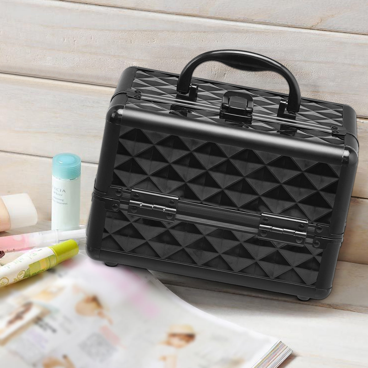 Estuche de cosméticos profesional con espejo. Estuche de tren multiusos para cosméticos 23x15x18cm negro