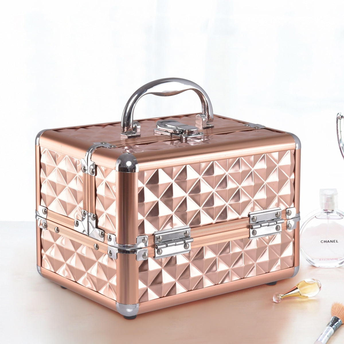 Estuche de cosméticos profesional con espejo. Estuche de tren multiusos para cosméticos 23 x 15 x 18 cm Oro rosa