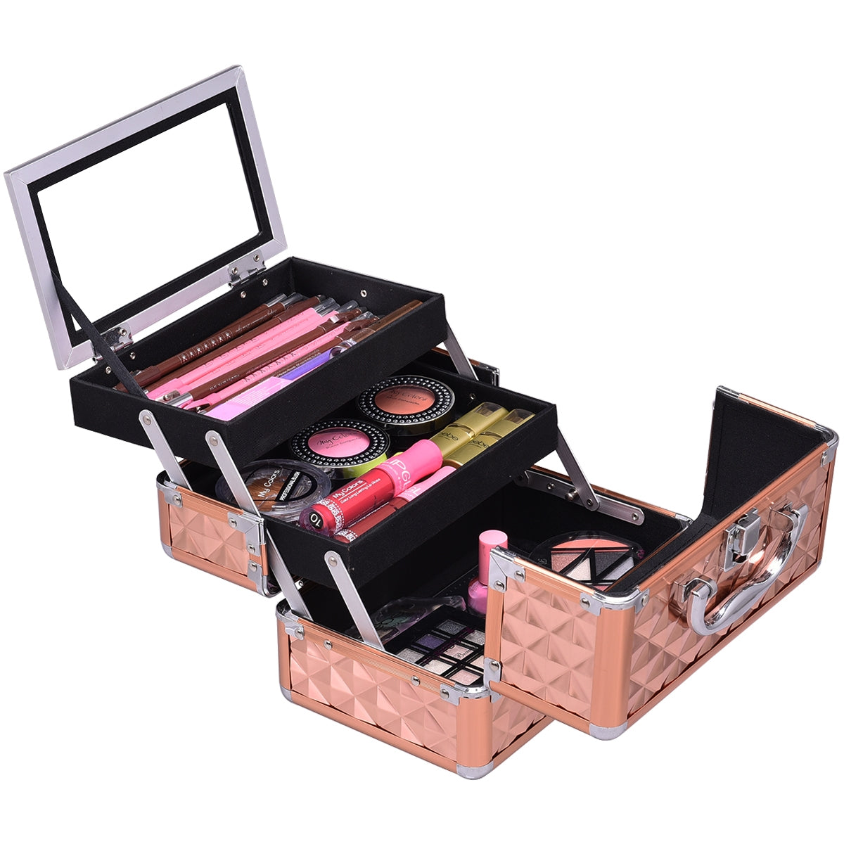 Estuche de cosméticos profesional con espejo. Estuche de tren multiusos para cosméticos 23 x 15 x 18 cm Oro rosa