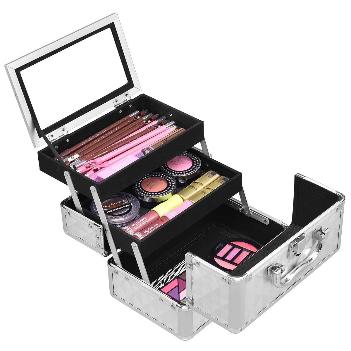 Estuche de cosméticos profesional con espejo Estuche de tren multiusos para cosméticos 23x15x18cm Plata
