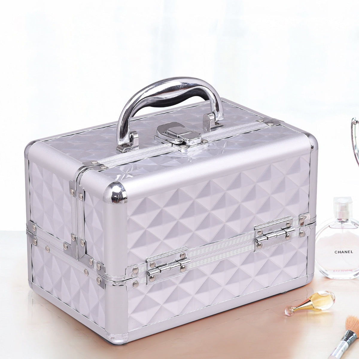 Estuche de cosméticos profesional con espejo Estuche de tren multiusos para cosméticos 23x15x18cm Plata