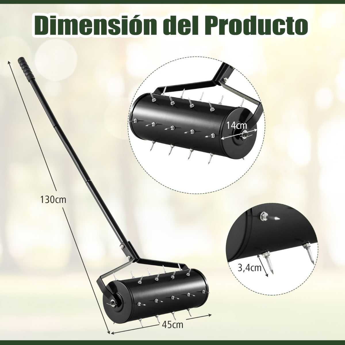 Herramienta de Césped con Aireador Rodante de 44 cm Resistente Mango Desmontable de 128 cm y Púas para Jardín Patio Fácil de Montar-Negro