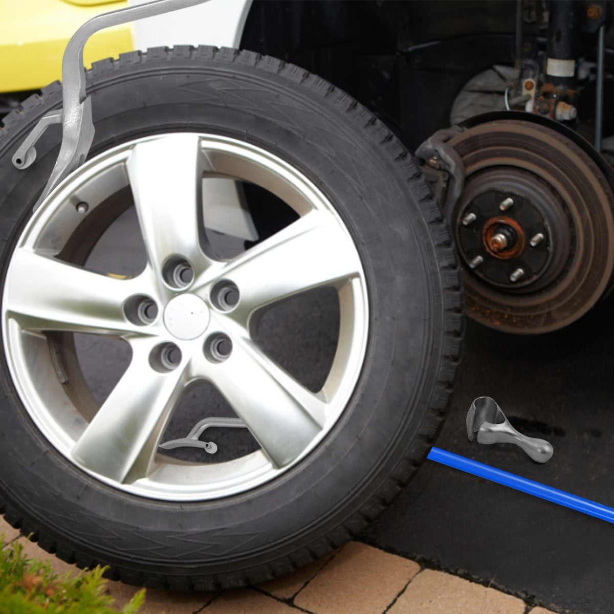 Conjunto de 3 Herramientas Manuales con Retenedor de Cuentas de Acero para Quitar Montar y Desmontar Neumáticos de 44 cm a 62 cm Azul