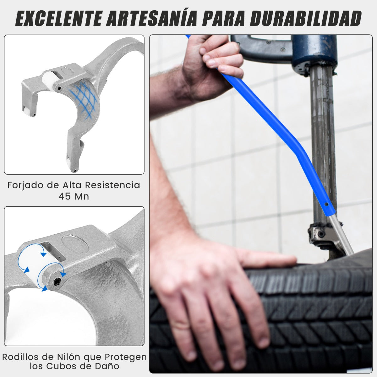 Conjunto de 3 Herramientas Manuales con Retenedor de Cuentas de Acero para Quitar Montar y Desmontar Neumáticos de 44 cm a 62 cm Azul