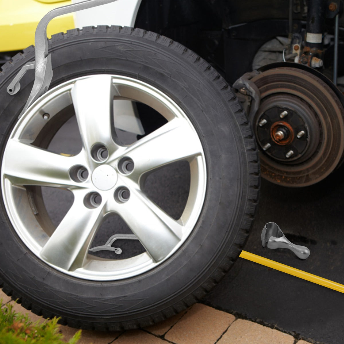 Conjunto de 3 Herramientas Manuales con Retenedor de Cuentas de Acero para Quitar Montar y Desmontar Neumáticos de 44 cm a 62 cm Amarillo