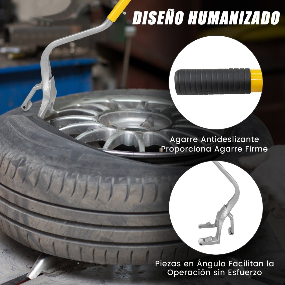 Conjunto de 3 Herramientas Manuales con Retenedor de Cuentas de Acero para Quitar Montar y Desmontar Neumáticos de 44 cm a 62 cm Amarillo