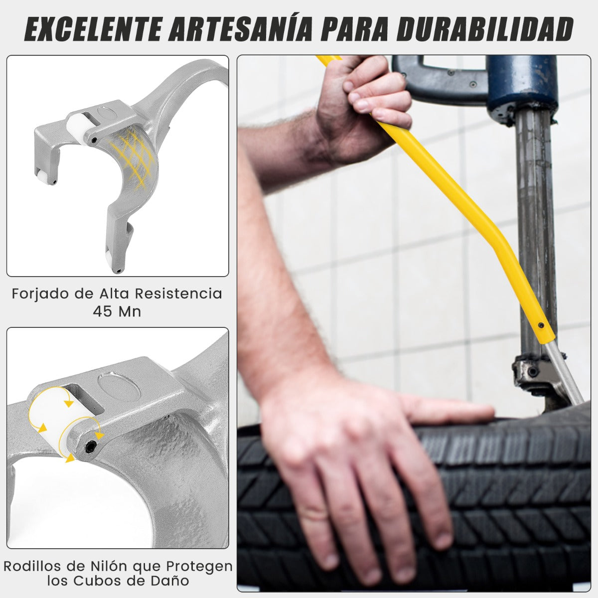 Conjunto de 3 Herramientas Manuales con Retenedor de Cuentas de Acero para Quitar Montar y Desmontar Neumáticos de 44 cm a 62 cm Amarillo