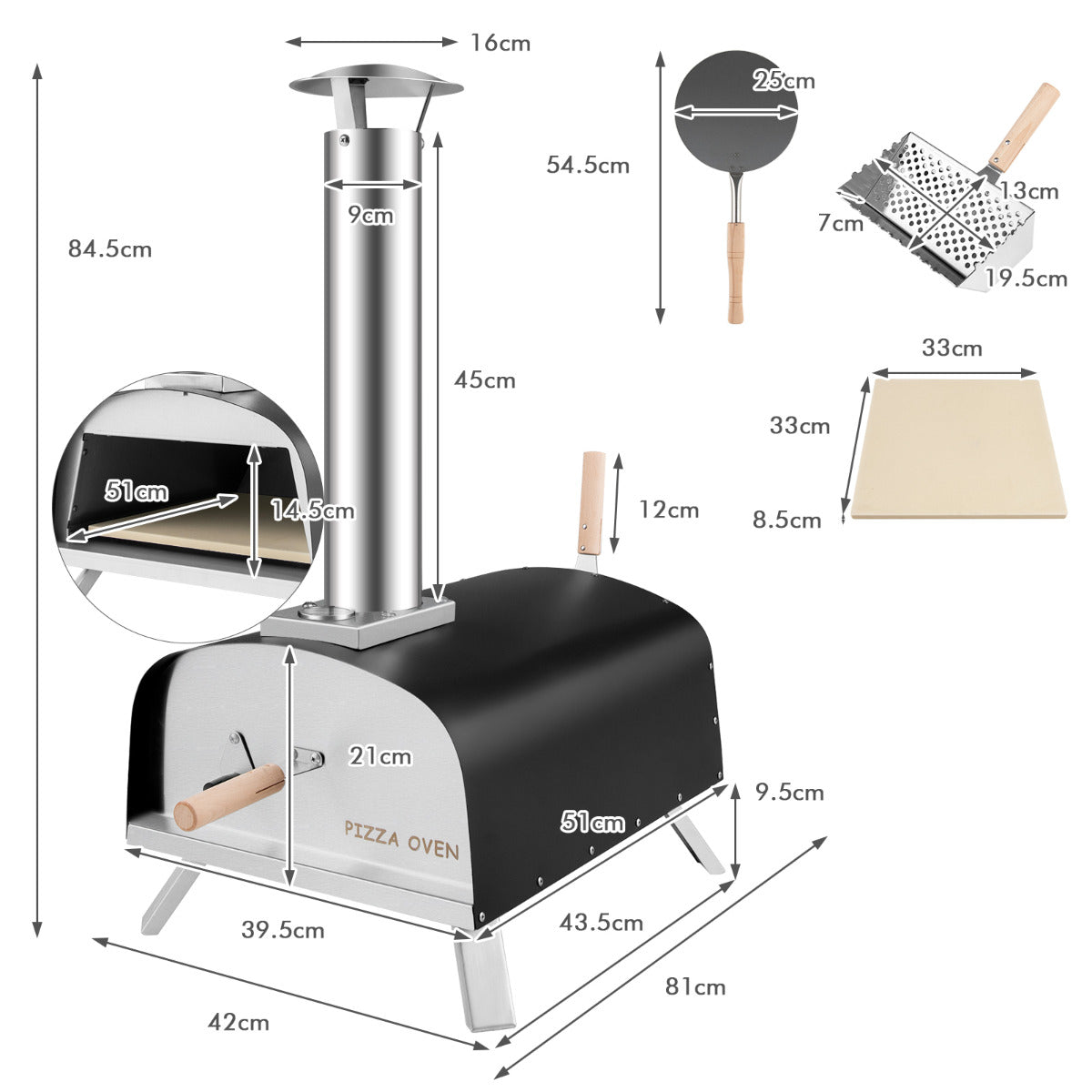 Horno de Pizza de Exterior Barbacoa Portátil de Hierro con Chimenea Extraíble para Picnic Patio 42 x 81 x 84,5 cm Negro