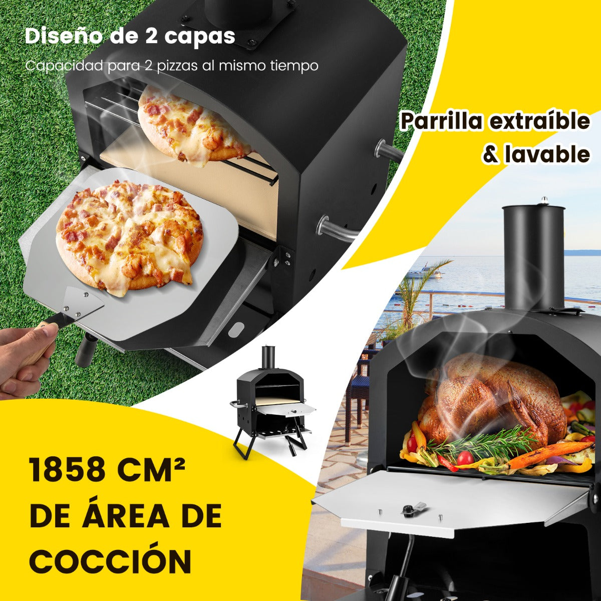 Horno de Pizza de Exterior con Asas Anti-Quemaduras Patas Plegables para Picnic Negro 54 x 31 x 72 cm