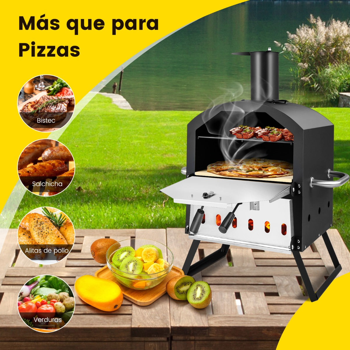 Horno de Pizza de Exterior con Asas Anti-Quemaduras Patas Plegables para Picnic Negro 54 x 31 x 72 cm