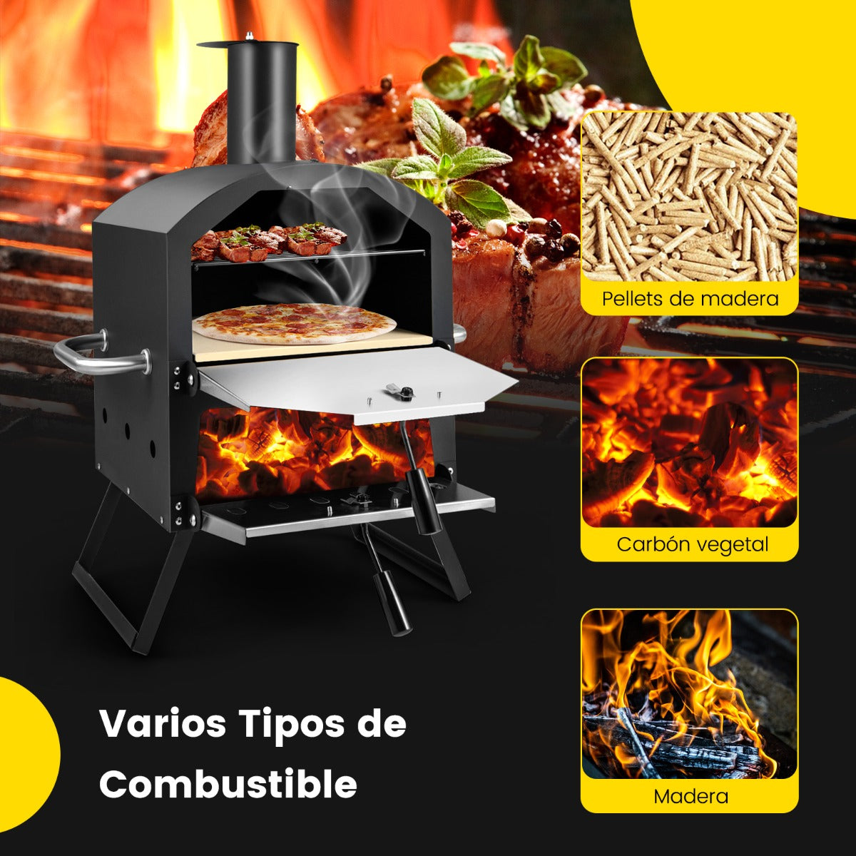 Horno de Pizza de Exterior con Asas Anti-Quemaduras Patas Plegables para Picnic Negro 54 x 31 x 72 cm