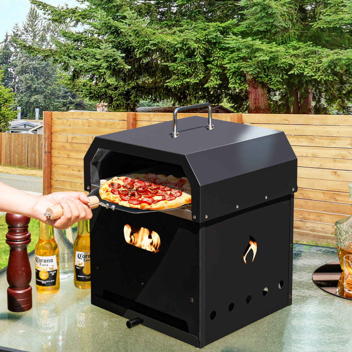 Horno de Pizza Multiuso 4 en 1 de Exterior Desmontable 2 Niveles para Asar Cocinar con Piedra Parrilla para Barbacoa 36 x 33,5 x 43,5 cm