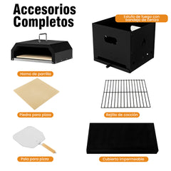 Horno de Pizza Multiuso 4 en 1 de Exterior Desmontable 2 Niveles para Asar Cocinar con Piedra Parrilla para Barbacoa 36 x 33,5 x 43,5 cm