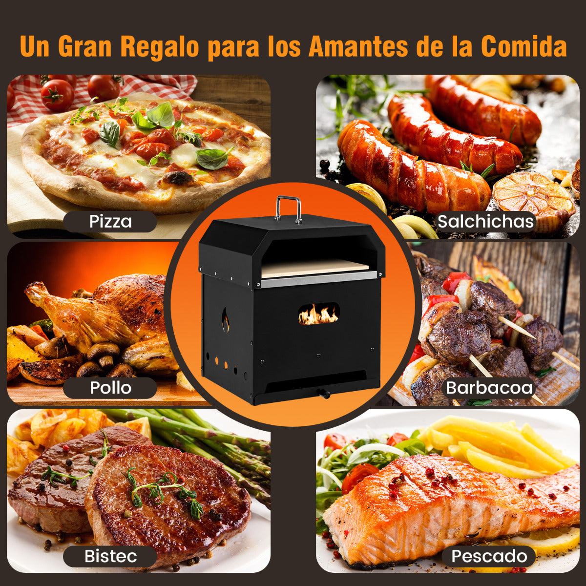 Horno de Pizza Multiuso 4 en 1 de Exterior Desmontable 2 Niveles para Asar Cocinar con Piedra Parrilla para Barbacoa 36 x 33,5 x 43,5 cm