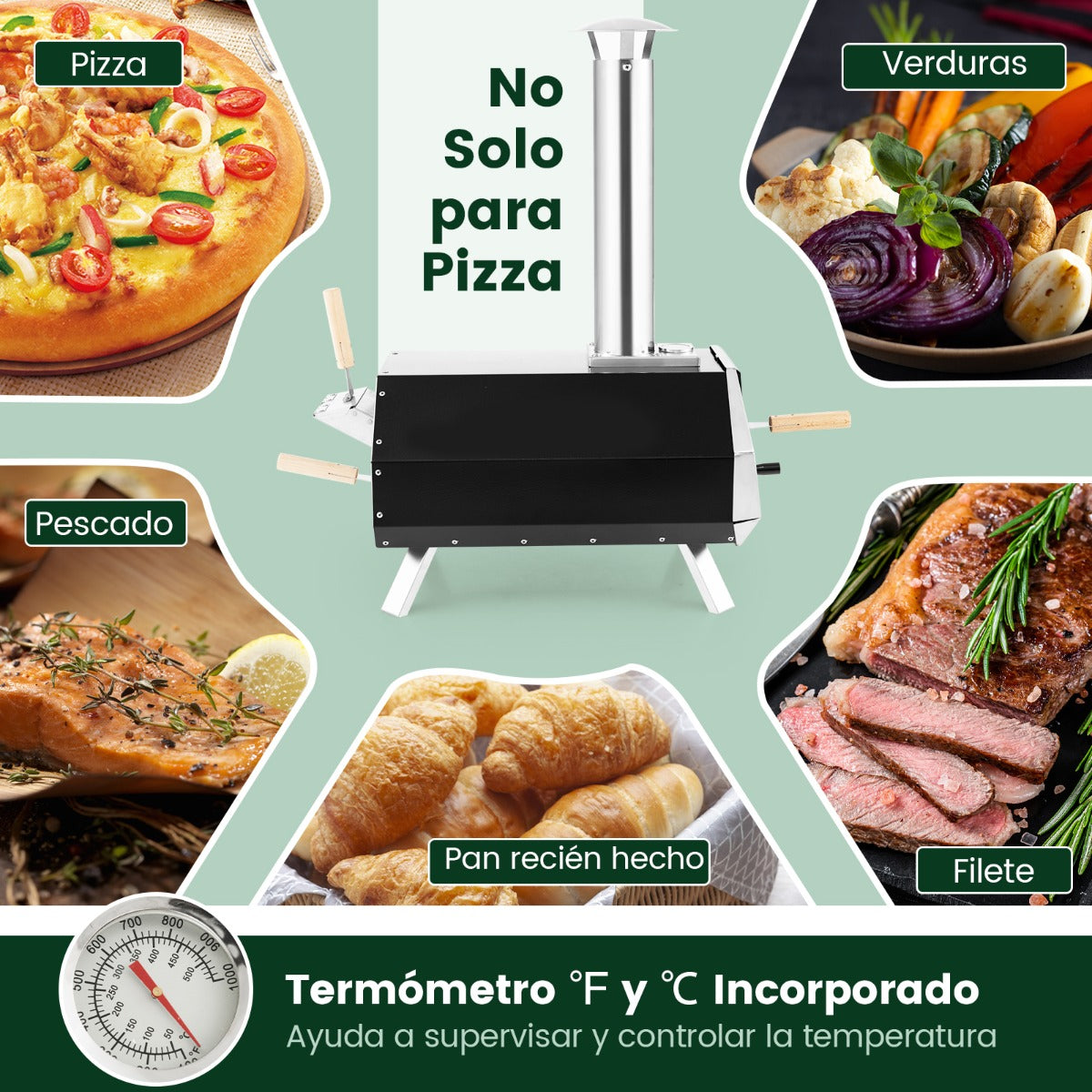 Horno de Pizza Portátil para Uso en Exteriores con Piedra para Pizza Patas Plegables Termómetro 51 x 38,5 x 83 cm