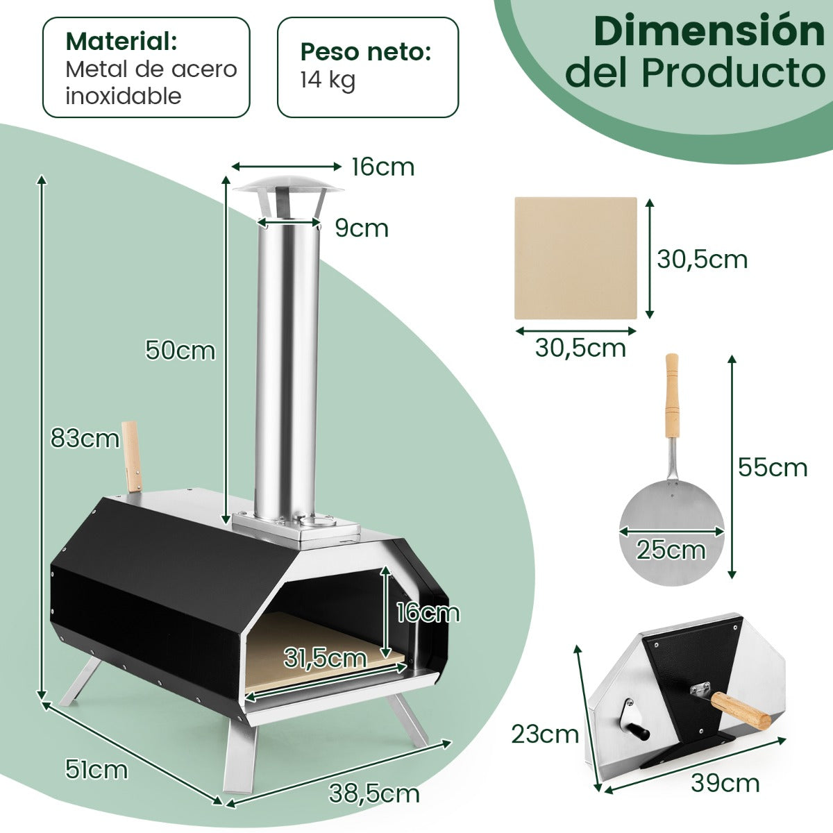 Horno de Pizza Portátil para Uso en Exteriores con Piedra para Pizza Patas Plegables Termómetro 51 x 38,5 x 83 cm