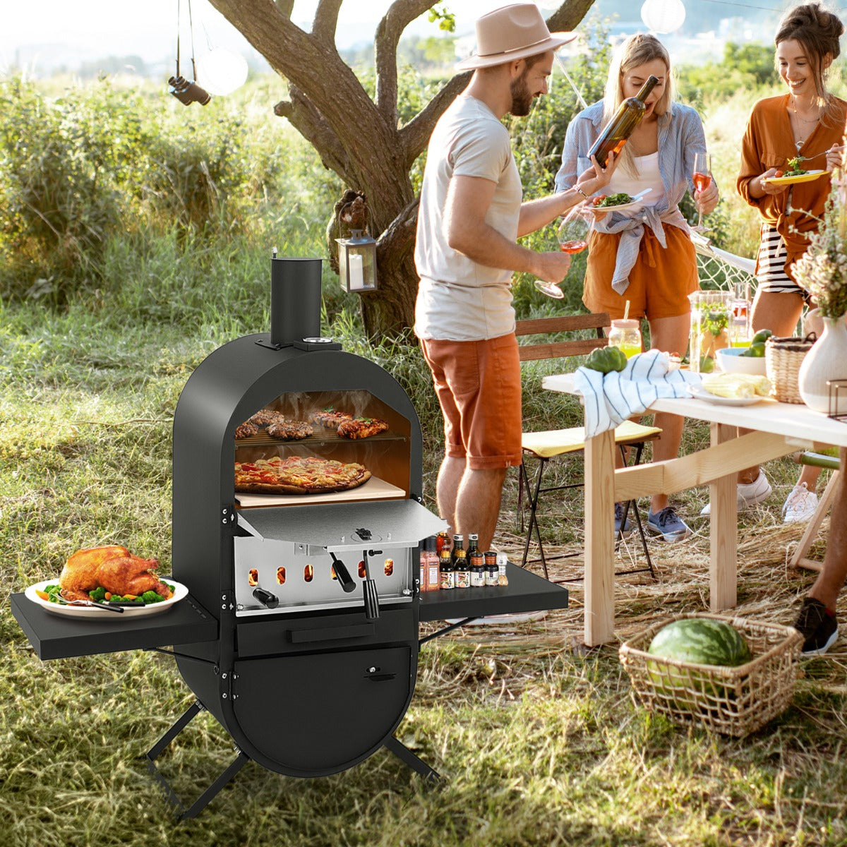 Horno para Pizza Exterior Horno de Leña con Cubierta de Tela Oxford Piedra para Pizza Pala para Pizza y Parrilla Termómetro para BBQ Camping