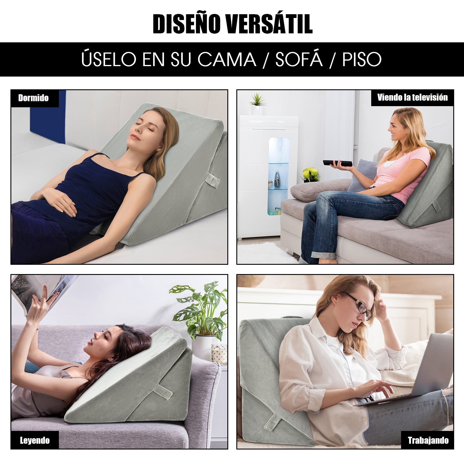 Almohada Triangular de Esponja Cojín con Forma de Cuña Soporte Elevado para Dormir Descansar Gris 58 x 50,5 x 36 cm