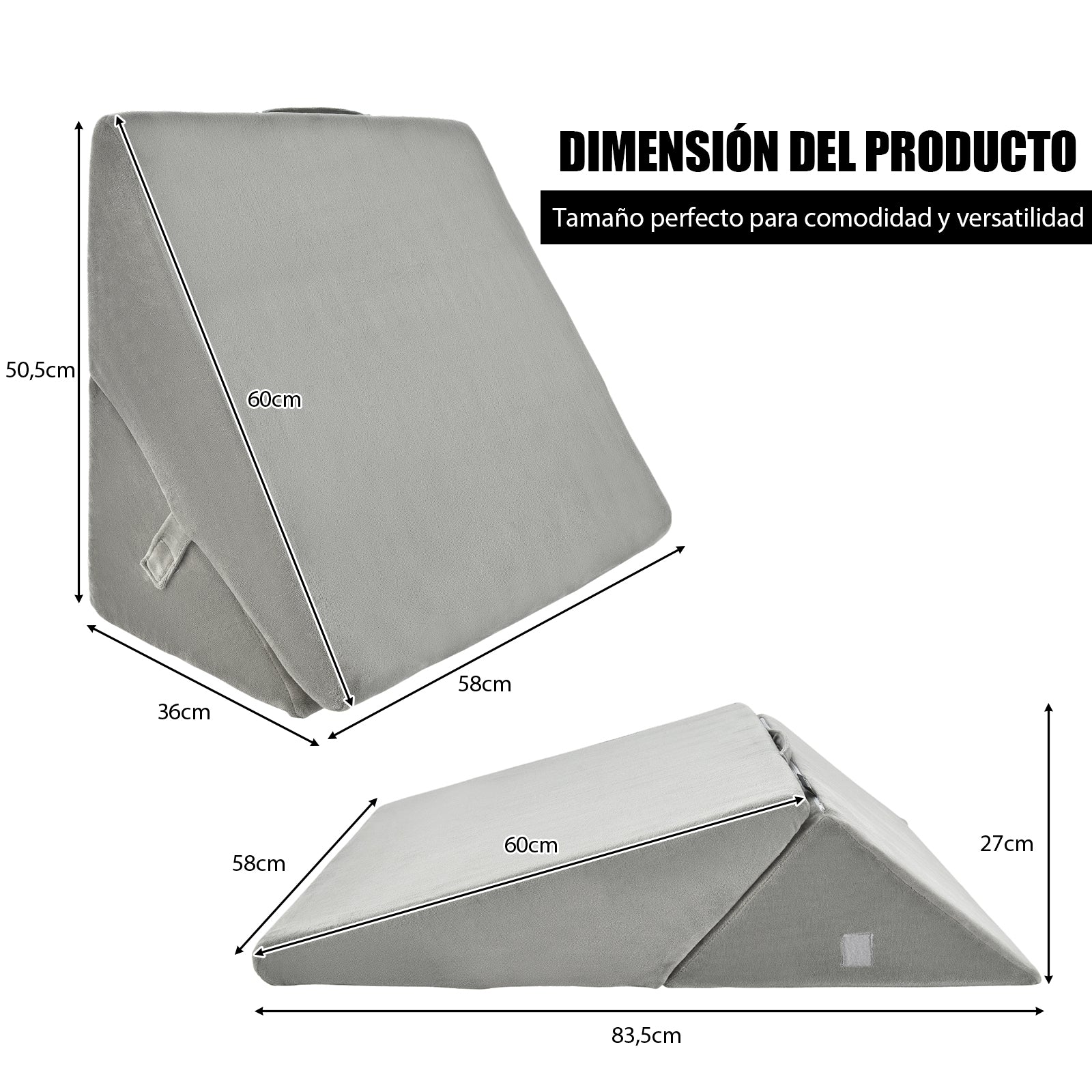 Almohada Triangular de Esponja Cojín con Forma de Cuña Soporte Elevado para Dormir Descansar Gris 58 x 50,5 x 36 cm