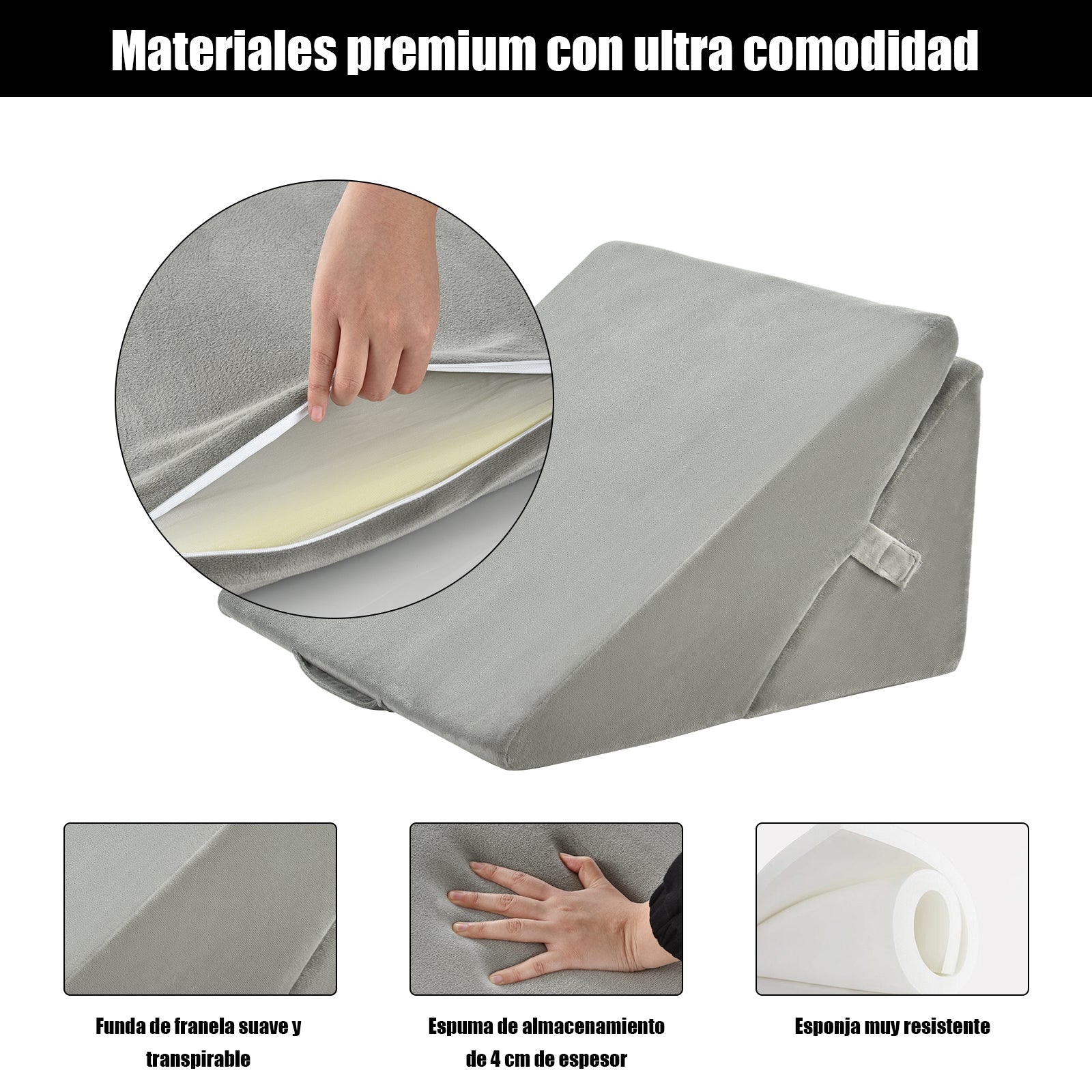 Almohada Triangular de Esponja Cojín con Forma de Cuña Soporte Elevado para Dormir Descansar Gris 58 x 50,5 x 36 cm