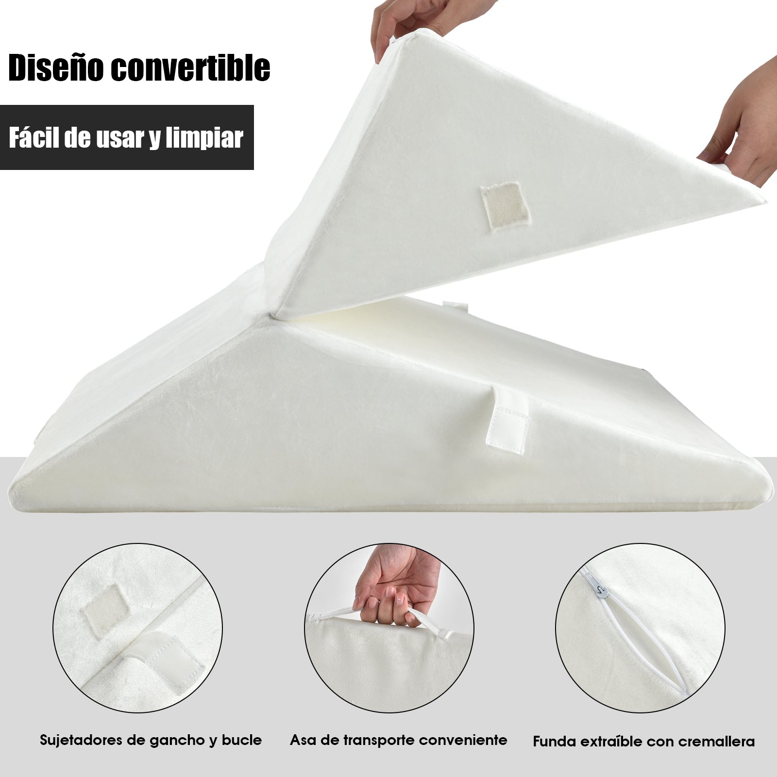 Cojín con Forma de Cuña y Forro Removible Soporte Elevado para Dormir Descansar y Leer en la Cama Blanco 58 x 50,5 x 36 cm