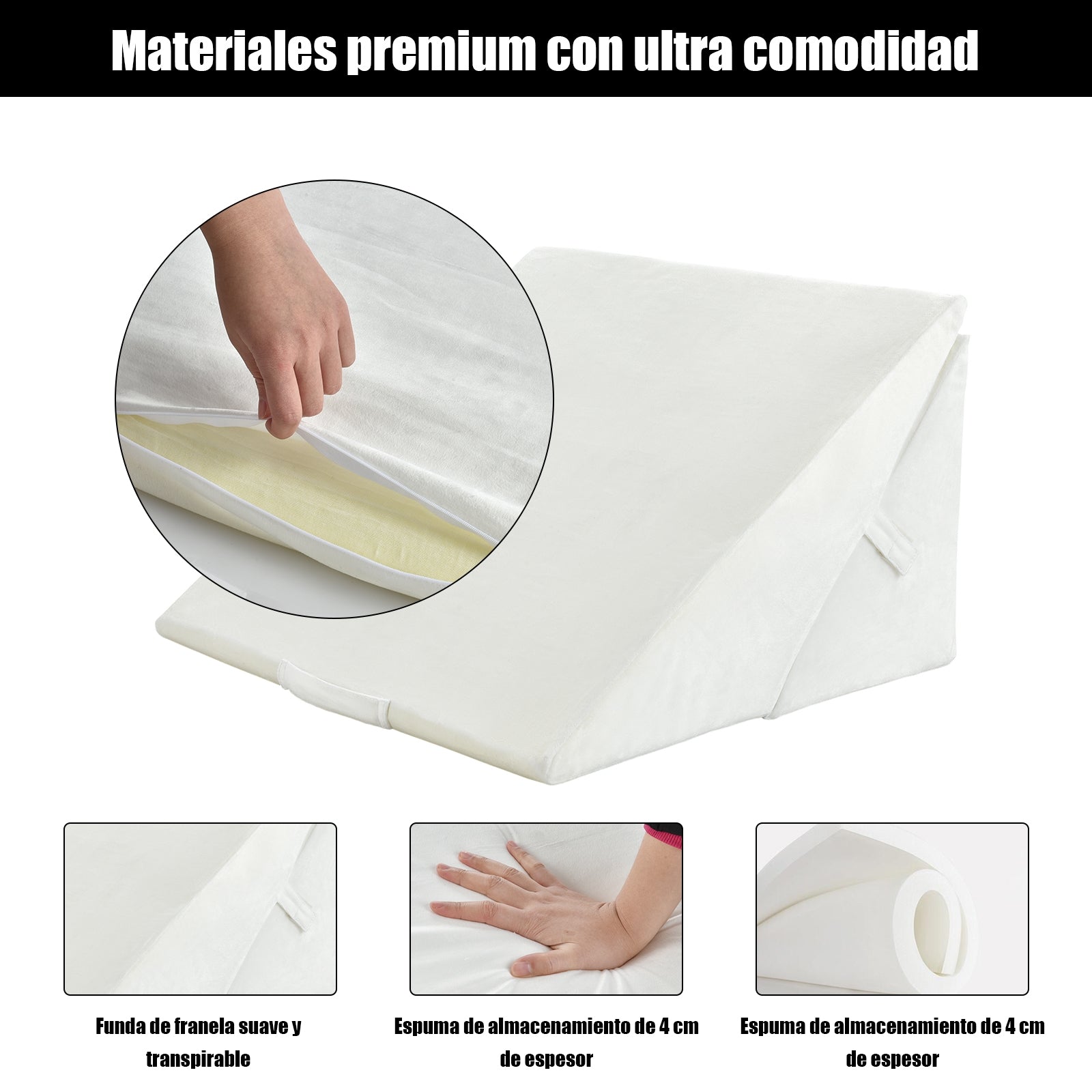 Cojín con Forma de Cuña y Forro Removible Soporte Elevado para Dormir Descansar y Leer en la Cama Blanco 58 x 50,5 x 36 cm
