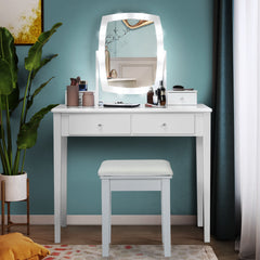 Set Tocador de Maquillaje con Espejo Iluminado Giratorio a 360° Mesa de Maquillaje y Taburete Acolchado para Camerino Dormitorio Blanco