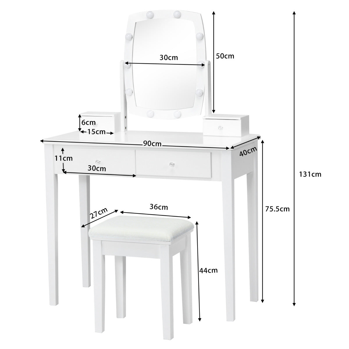Set Tocador de Maquillaje con Espejo Iluminado Giratorio a 360° Mesa de Maquillaje y Taburete Acolchado para Camerino Dormitorio Blanco