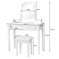 Set Tocador de Maquillaje con Espejo Iluminado Giratorio a 360° Mesa de Maquillaje y Taburete Acolchado para Camerino Dormitorio Blanco