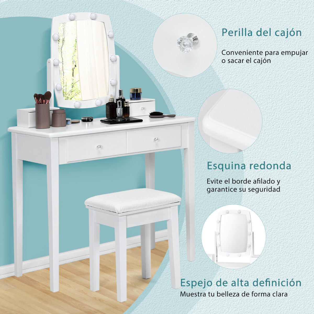 Set Tocador de Maquillaje con Espejo Iluminado Giratorio a 360° Mesa de Maquillaje y Taburete Acolchado para Camerino Dormitorio Blanco