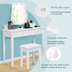 Set Tocador de Maquillaje con Espejo Iluminado Giratorio a 360° Mesa de Maquillaje y Taburete Acolchado para Camerino Dormitorio Blanco