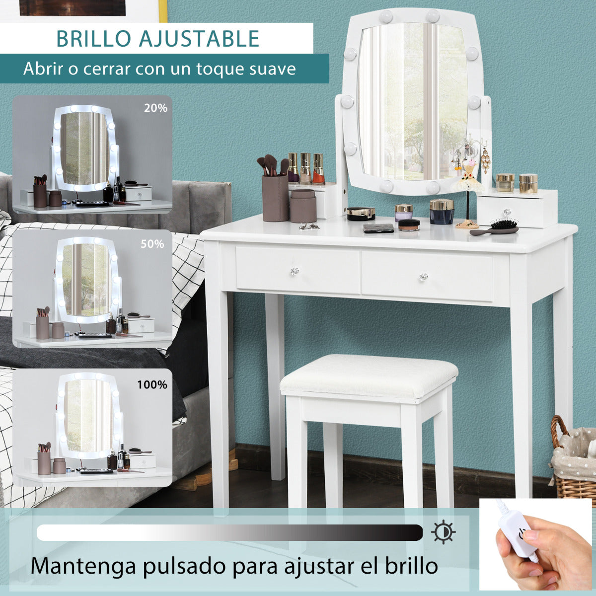 Set Tocador de Maquillaje con Espejo Iluminado Giratorio a 360° Mesa de Maquillaje y Taburete Acolchado para Camerino Dormitorio Blanco