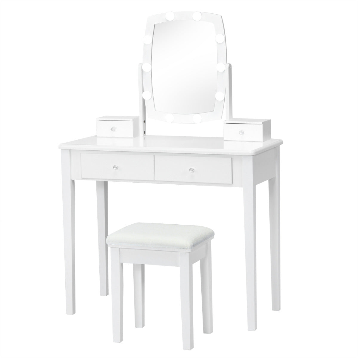 Set Tocador de Maquillaje con Espejo Iluminado Giratorio a 360° Mesa de Maquillaje y Taburete Acolchado para Camerino Dormitorio Blanco