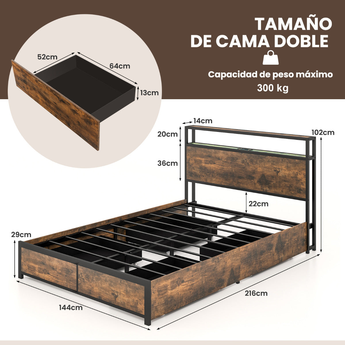 Estructura de Cama Doble 140 x 200 cm de Metal Cabecero de Luz LED RGB 4 Cajones de Almacenamiento Conexión USB Plataforma de Cama