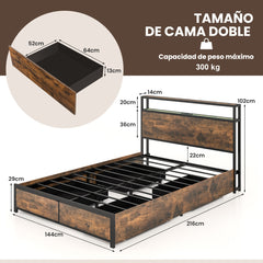 Estructura de Cama Doble 140 x 200 cm de Metal Cabecero de Luz LED RGB 4 Cajones de Almacenamiento Conexión USB Plataforma de Cama