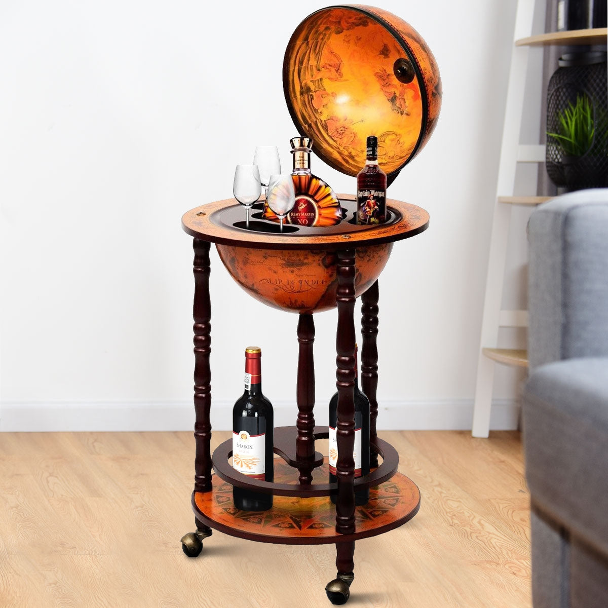 Globo Minibar Botellero Vintage Estante de Vino Carrito de Bar con Ruedas