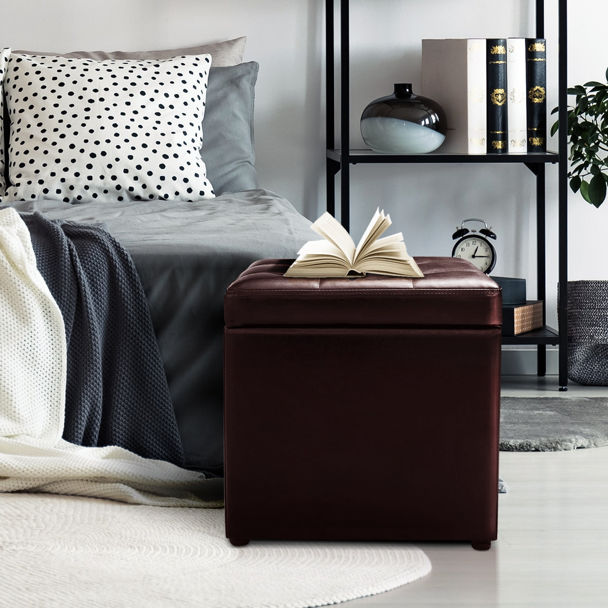 Taburete de Almacenamiento Otomana con Tapa Hermética en PU para Entrada Dormitorio 40 x 40 x 40 cm Marrón