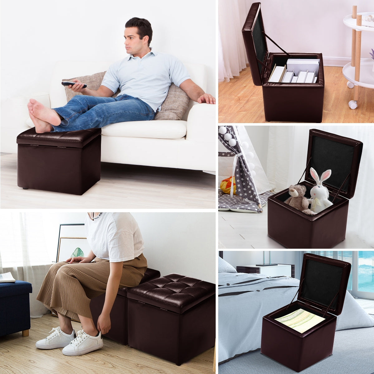 Taburete de Almacenamiento Otomana con Tapa Hermética en PU para Entrada Dormitorio 40 x 40 x 40 cm Marrón