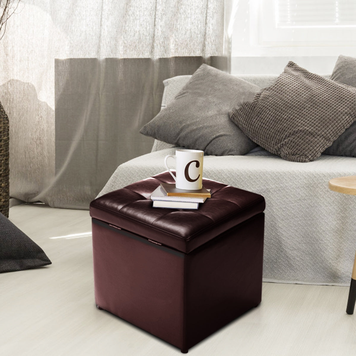 Taburete de Almacenamiento Otomana con Tapa Hermética en PU para Entrada Dormitorio 40 x 40 x 40 cm Marrón