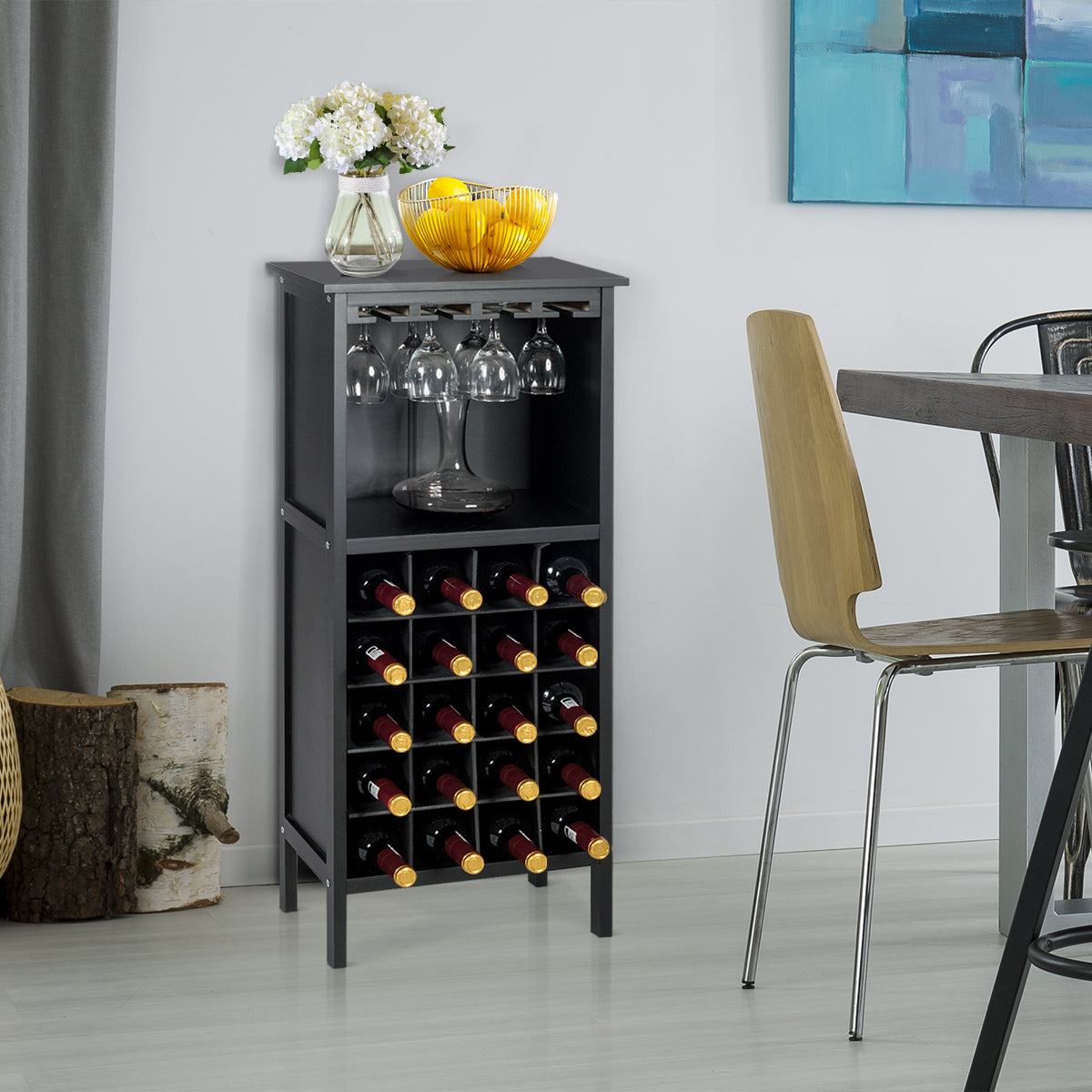 Estante de Vino Botellero para 20 Botellas con Soporte de Copas Madera de Pino 24,5 x 42 x 96 cm Negro