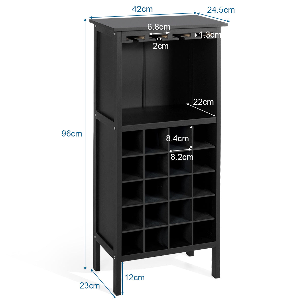 Estante de Vino Botellero para 20 Botellas con Soporte de Copas Madera de Pino 24,5 x 42 x 96 cm Negro