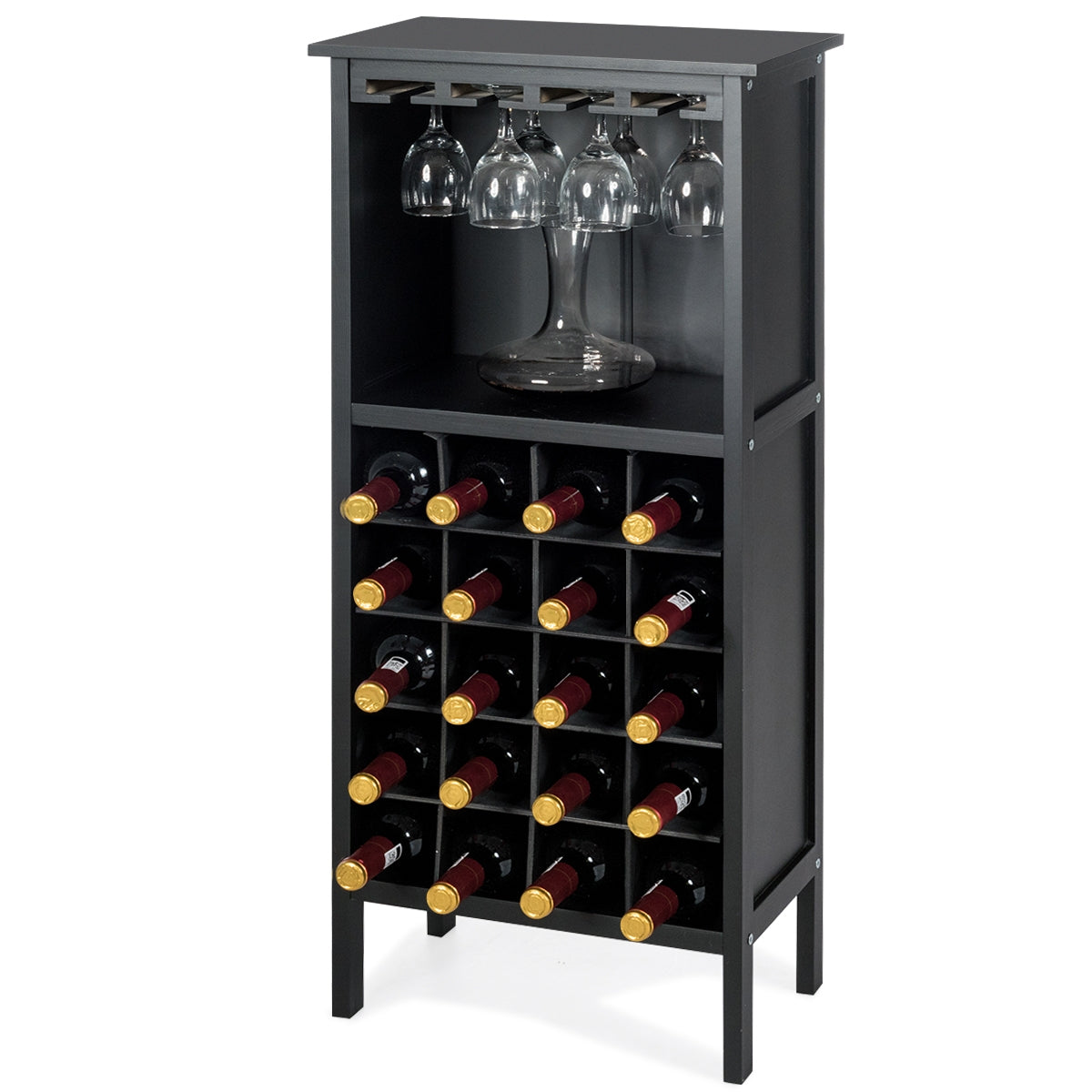 Estante de Vino Botellero para 20 Botellas con Soporte de Copas Madera de Pino 24,5 x 42 x 96 cm Negro