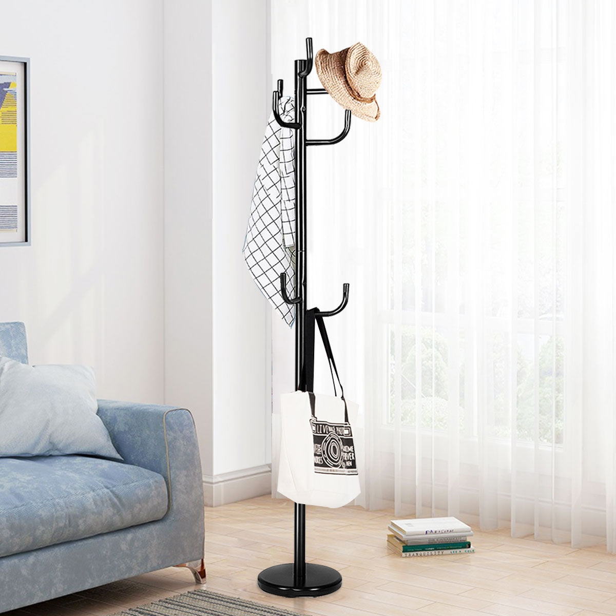 Perchero de Metal con 8 Ganchos y Base Redonda Resistente en Estilo Moderno para Ropa Sombreros Bolsos Negro 30 x 30 x 175 cm