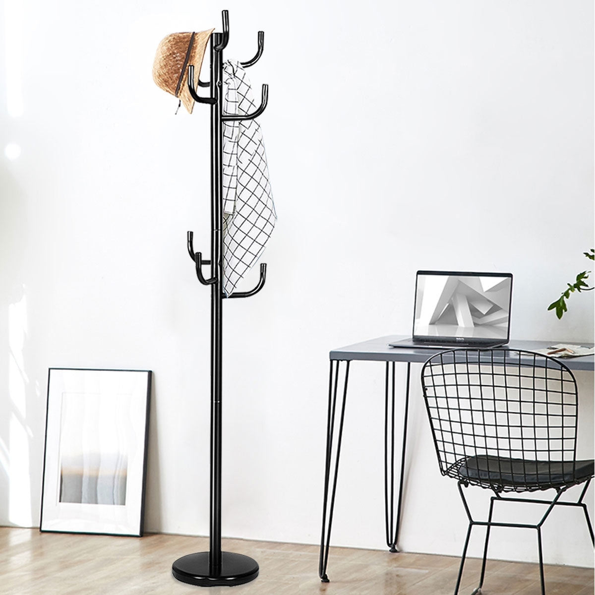 Perchero de Metal con 8 Ganchos y Base Redonda Resistente en Estilo Moderno para Ropa Sombreros Bolsos Negro 30 x 30 x 175 cm