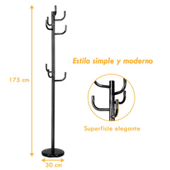 Perchero de Metal con 8 Ganchos y Base Redonda Resistente en Estilo Moderno para Ropa Sombreros Bolsos Negro 30 x 30 x 175 cm