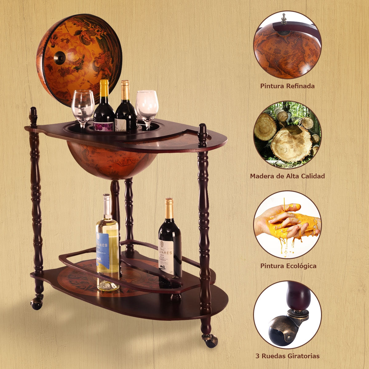 Bar globo con ruedas Minibar carrito vintage 70x45x89cm