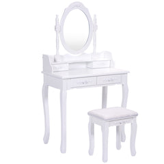 Tocador de Maquillaje con Espejo Redondo 4 Cajones Tocador con Taburete Mesa de Maquillaje Blanco