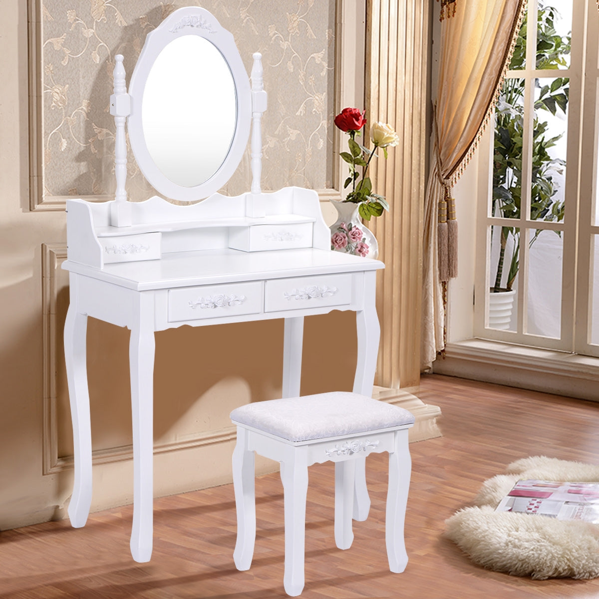 Tocador de Maquillaje con Espejo Redondo 4 Cajones Tocador con Taburete Mesa de Maquillaje Blanco