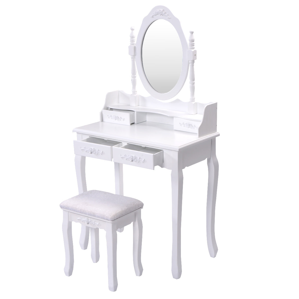 Tocador de Maquillaje con Espejo Redondo 4 Cajones Tocador con Taburete Mesa de Maquillaje Blanco