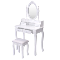 Tocador de Maquillaje con Espejo Redondo 4 Cajones Tocador con Taburete Mesa de Maquillaje Blanco